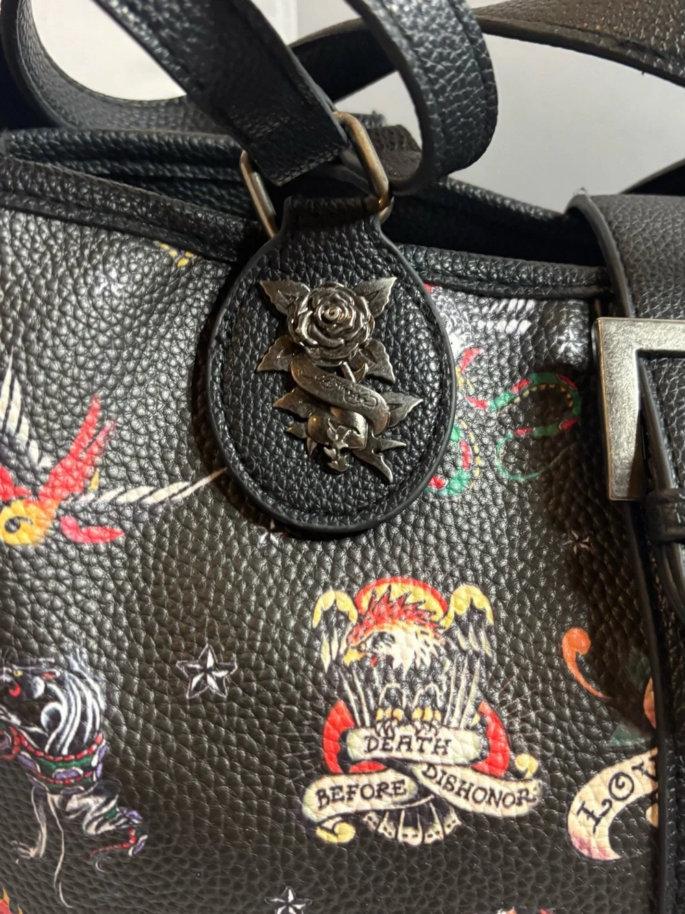 Ed Hardy Black Tattoo-Print Leather Satchel with Red Accent 14x9 “